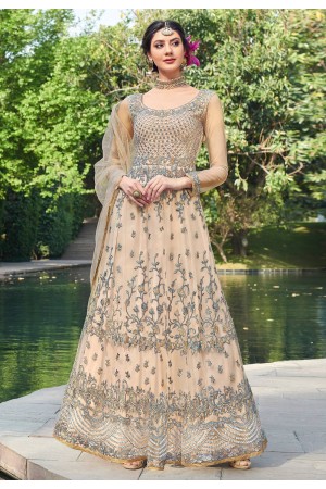 Beige net embroidered long anarkali suit  1640